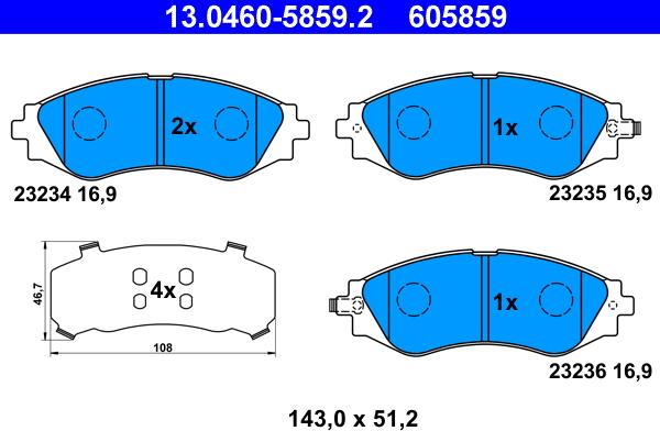 ATE 13.0460-5859.2 - Гальмівні колодки, дискові гальма autozip.com.ua