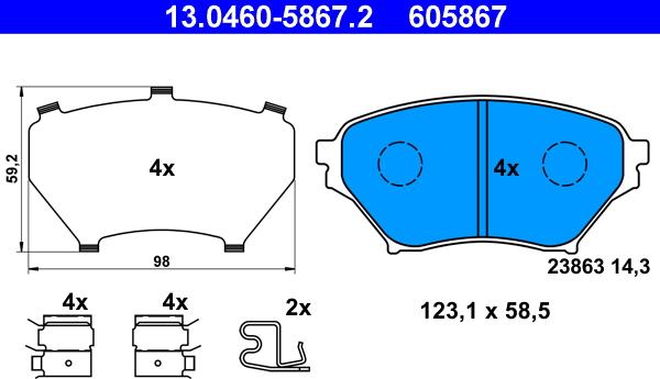 ATE 13.0460-5867.2 - Гальмівні колодки, дискові гальма autozip.com.ua