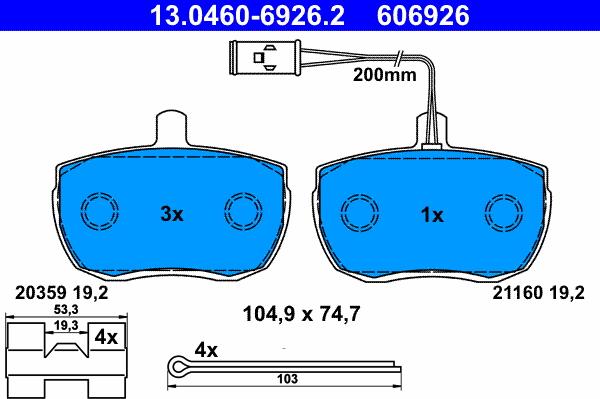 ATE 13.0460-6926.2 - Гальмівні колодки, дискові гальма autozip.com.ua