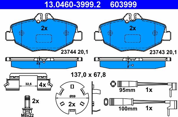 ATE 13.0460-3999.2 - Гальмівні колодки, дискові гальма autozip.com.ua