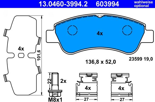 ATE 13.0460-3994.2 - Гальмівні колодки, дискові гальма autozip.com.ua