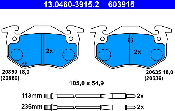 ATE 13.0460-3915.2 - Гальмівні колодки, дискові гальма autozip.com.ua