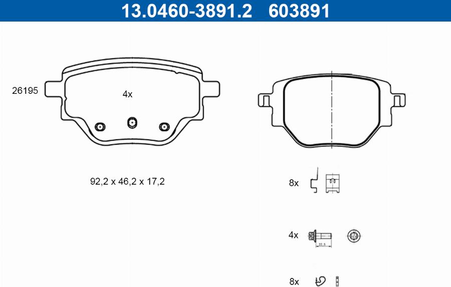 ATE 13.0460-3891.2 - Гальмівні колодки, дискові гальма autozip.com.ua