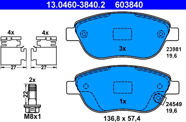 ATE 13.0460-3840.2 - Гальмівні колодки, дискові гальма autozip.com.ua