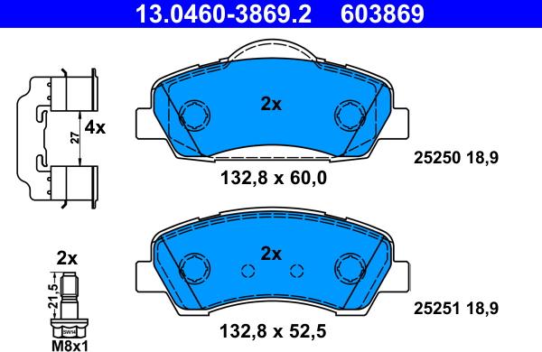 ATE 13.0460-3869.2 - Гальмівні колодки, дискові гальма autozip.com.ua