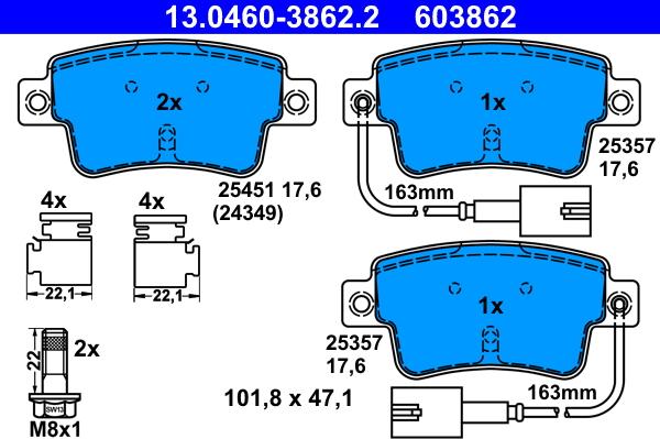 ATE 13.0460-3862.2 - Гальмівні колодки, дискові гальма autozip.com.ua