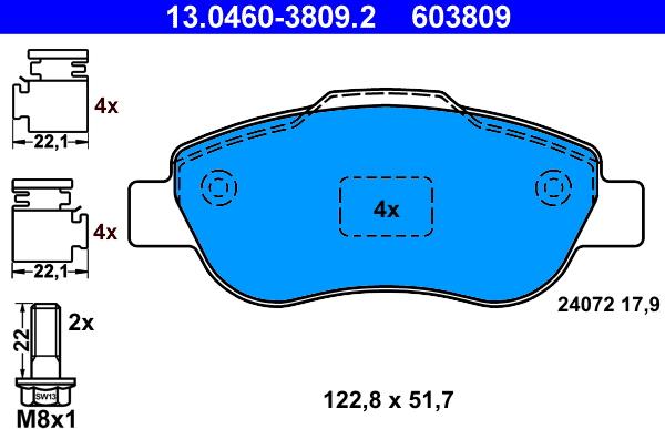 ATE 13.0460-3809.2 - Гальмівні колодки, дискові гальма autozip.com.ua