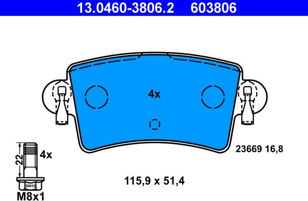 ATE 13.0460-3806.2 - Гальмівні колодки, дискові гальма autozip.com.ua