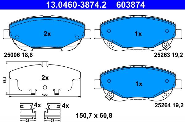 ATE 13.0460-3874.2 - Гальмівні колодки, дискові гальма autozip.com.ua