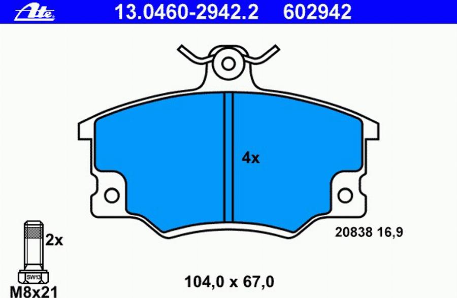 ATE 13.0460-2942.2 - Гальмівні колодки, дискові гальма autozip.com.ua