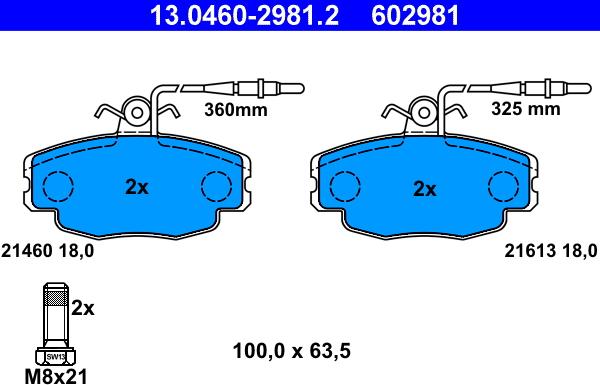 ATE 13.0460-2981.2 - Гальмівні колодки, дискові гальма autozip.com.ua