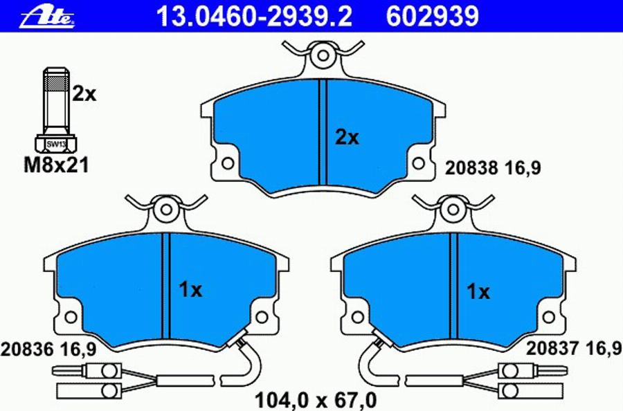 ATE 13.0460-2939.2 - Гальмівні колодки, дискові гальма autozip.com.ua