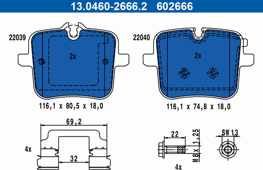 ATE 13.0460-2666.2 - Гальмівні колодки, дискові гальма autozip.com.ua