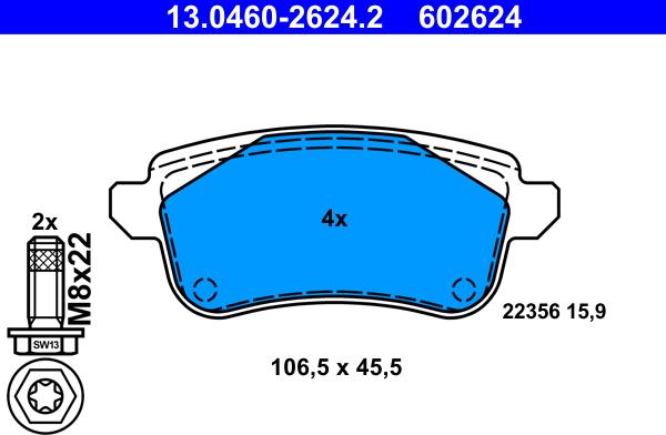 ATE 13.0460-2624.2 - Гальмівні колодки, дискові гальма autozip.com.ua