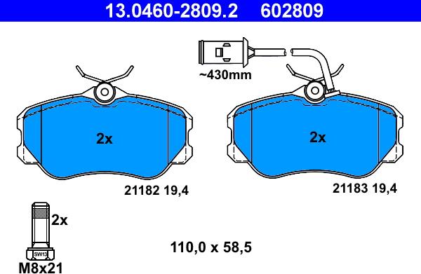 ATE 13.0460-2809.2 - Гальмівні колодки, дискові гальма autozip.com.ua