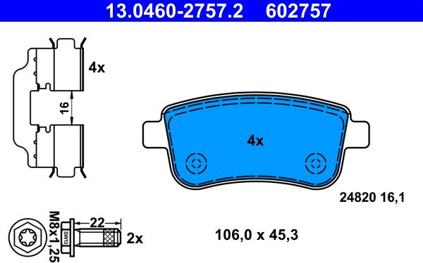 ATE 13.0460-2757.2 - Гальмівні колодки, дискові гальма autozip.com.ua