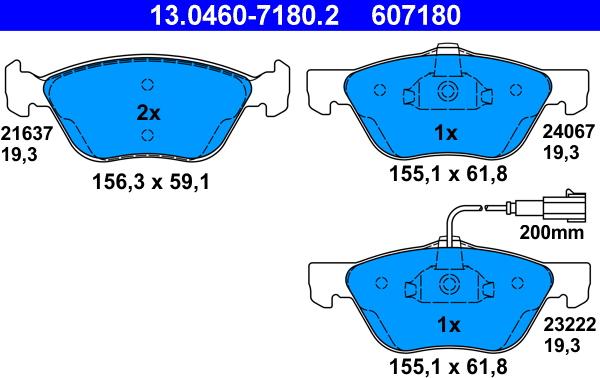 ATE 13.0460-7180.2 - Гальмівні колодки, дискові гальма autozip.com.ua