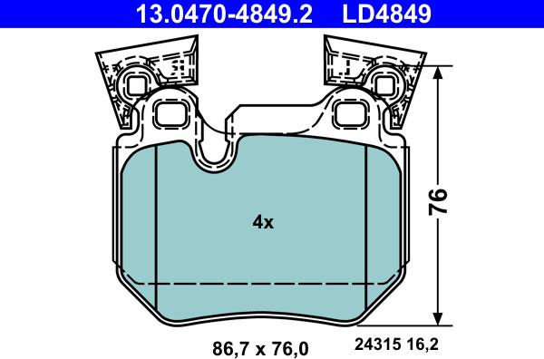 ATE 13.0470-4849.2 - Гальмівні колодки, дискові гальма autozip.com.ua