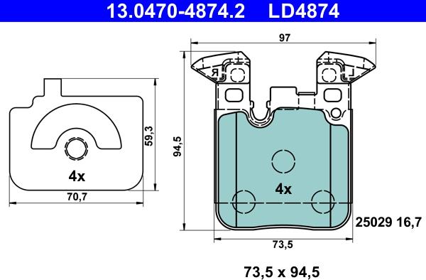 ATE 13.0470-4874.2 - Гальмівні колодки, дискові гальма autozip.com.ua