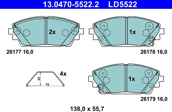 ATE 13.0470-5522.2 - Гальмівні колодки, дискові гальма autozip.com.ua