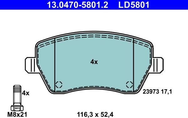 ATE 13.0470-5801.2 - Гальмівні колодки, дискові гальма autozip.com.ua