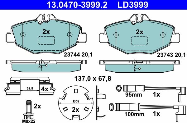 ATE 13.0470-3999.2 - Гальмівні колодки, дискові гальма autozip.com.ua