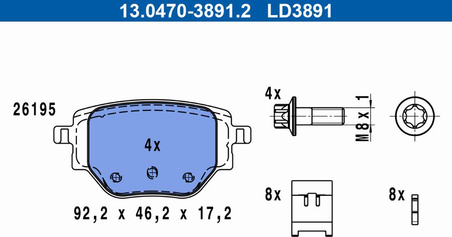 ATE 13.0470-3891.2 - Гальмівні колодки, дискові гальма autozip.com.ua