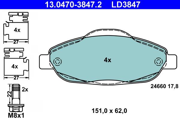 ATE 13.0470-3847.2 - Гальмівні колодки, дискові гальма autozip.com.ua