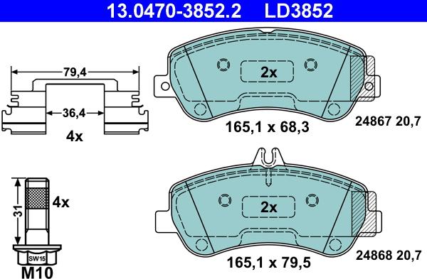 ATE 13.0470-3852.2 - Гальмівні колодки, дискові гальма autozip.com.ua