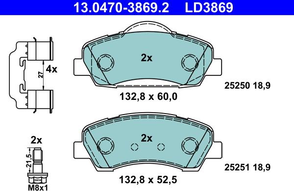 ATE 13.0470-3869.2 - Гальмівні колодки, дискові гальма autozip.com.ua