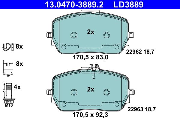 ATE 13.0470-3889.2 - Гальмівні колодки, дискові гальма autozip.com.ua