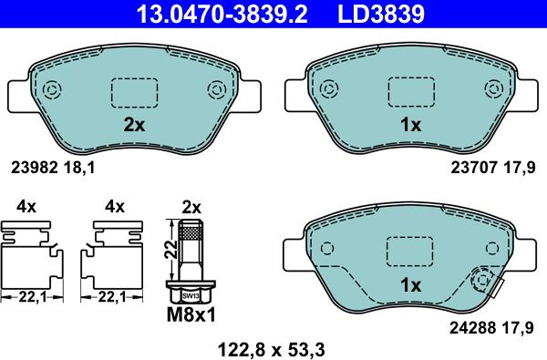 ATE 13.0470-3839.2 - Гальмівні колодки, дискові гальма autozip.com.ua