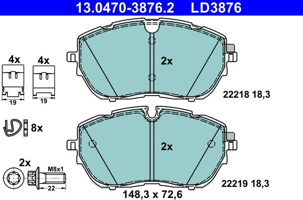 ATE 13.0470-3876.2 - Гальмівні колодки, дискові гальма autozip.com.ua