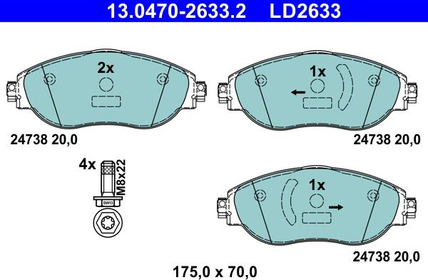 ATE 13.0470-2633.2 - Гальмівні колодки, дискові гальма autozip.com.ua