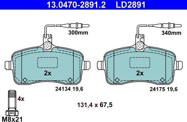 ATE 13.0470-2891.2 - Гальмівні колодки, дискові гальма autozip.com.ua