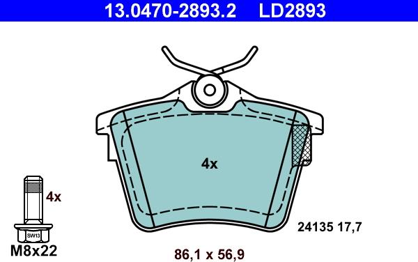 ATE 13.0470-2893.2 - Гальмівні колодки, дискові гальма autozip.com.ua