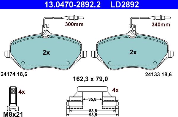 ATE 13.0470-2892.2 - Гальмівні колодки, дискові гальма autozip.com.ua