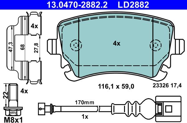 ATE 13.0470-2882.2 - Гальмівні колодки, дискові гальма autozip.com.ua