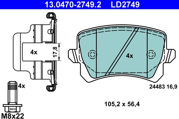 ATE 13.0470-2749.2 - Гальмівні колодки, дискові гальма autozip.com.ua