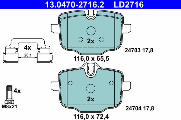 ATE 13.0470-2716.2 - Комплект гальмівних колодок з 4 шт. дисків autozip.com.ua