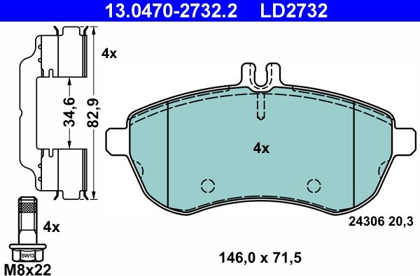 ATE 13.0470-2732.2 - Гальмівні колодки, дискові гальма autozip.com.ua