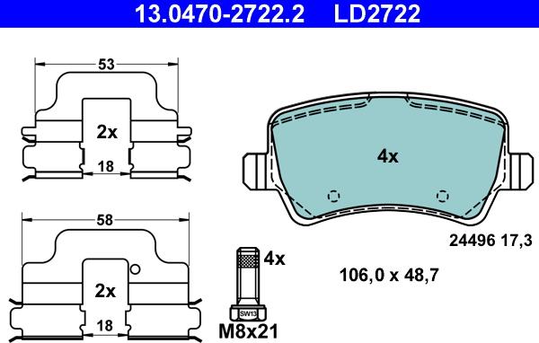 ATE 13.0470-2722.2 - Гальмівні колодки, дискові гальма autozip.com.ua