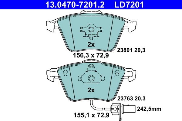 ATE 13.0470-7201.2 - Гальмівні колодки, дискові гальма autozip.com.ua