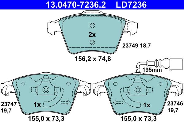 ATE 13.0470-7236.2 - Гальмівні колодки, дискові гальма autozip.com.ua