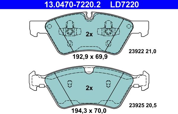 ATE 13.0470-7220.2 - Гальмівні колодки, дискові гальма autozip.com.ua