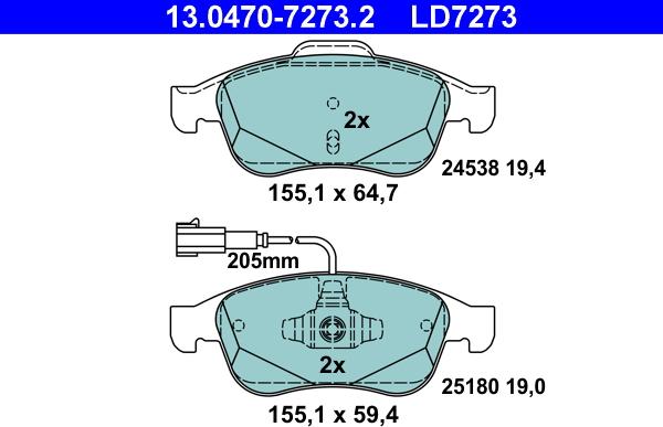 ATE 13.0470-7273.2 - Гальмівні колодки, дискові гальма autozip.com.ua