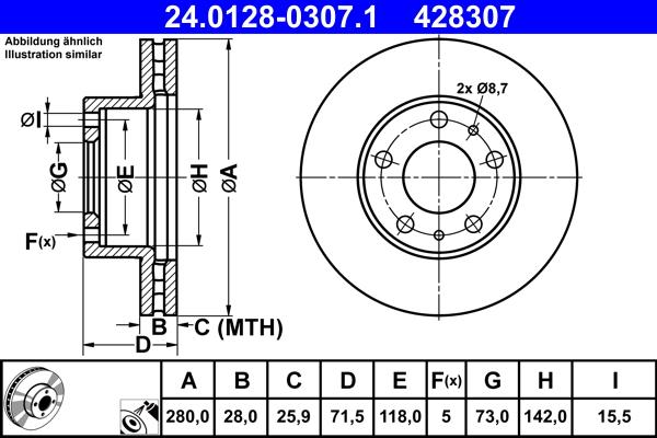 ATE 24.0128-0307.1 - Гальмівний диск autozip.com.ua