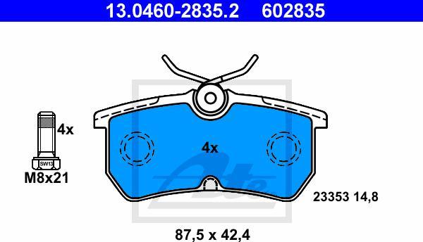 ATE 13.0460-2835.2 - Гальмівні колодки, дискові гальма autozip.com.ua