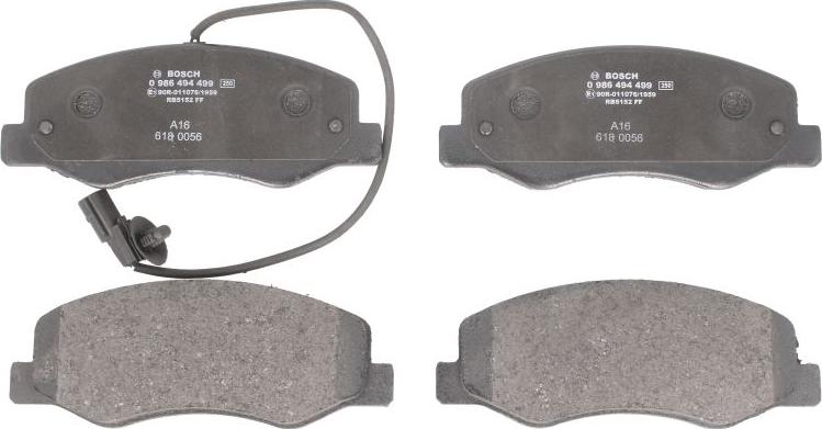 BOSCH 0 986 494 499 - Гальмівні колодки, дискові гальма autozip.com.ua