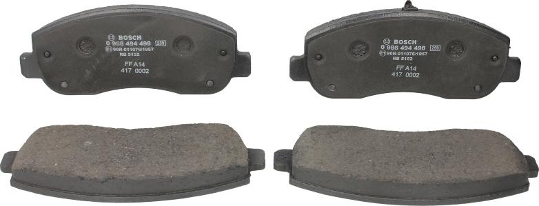 BOSCH 0 986 494 498 - Гальмівні колодки, дискові гальма autozip.com.ua